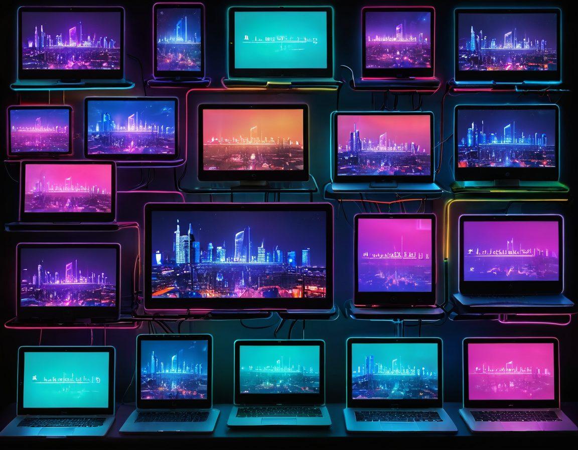 A striking collage of various digital streaming devices, like laptops and tablets, surrounded by vibrant neon lights. Include abstract representations of adult content, such as silhouettes or playful icons, blending a futuristic cityscape in the background. Add subtle hints of technology, like streaming bars and connection signals, to emphasize navigation in the digital world. The overall mood should be adventurous and open-minded. super-realistic. vibrant colors. cyberpunk.