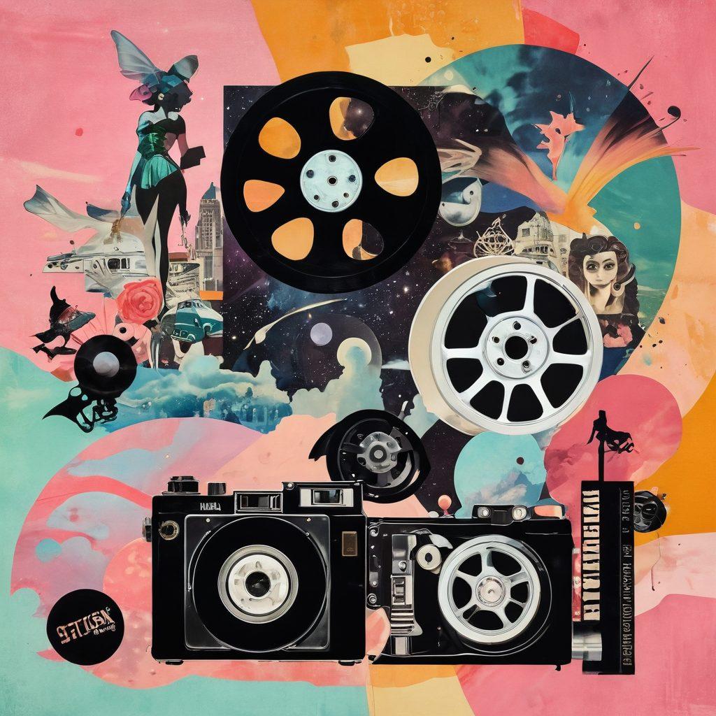 A surreal collage blending elements of adult film memorabilia, including iconic film reels and vintage posters, set against a dreamy, abstract background filled with soft colors. Incorporate whimsical illustrations of fantasy scenes emerging from the film reels, symbolizing both fetish and fantasy in a playful yet sophisticated manner. Add subtle textures to enhance depth. vibrant colors. painting.